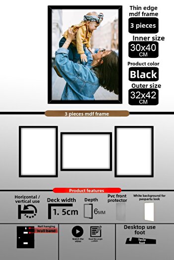 bymat 3Pcs 30X40 Frame - A3 Frame with Thin Slats - Black Frame - 6mm - Photo Frame