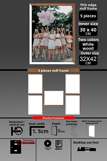 bymat 5 Pieces 30X40 Frame - Thin Slatted A3 Frame - 2 Colors White Wood - 6mm Photo Frame
