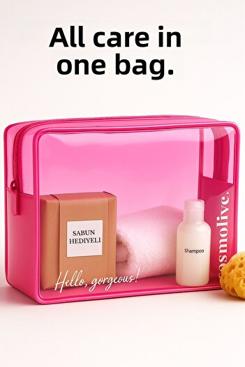 Cosmolive Pvc Pink_Large Transparent Travel Skin Care & Cosmetic Organizing Bag