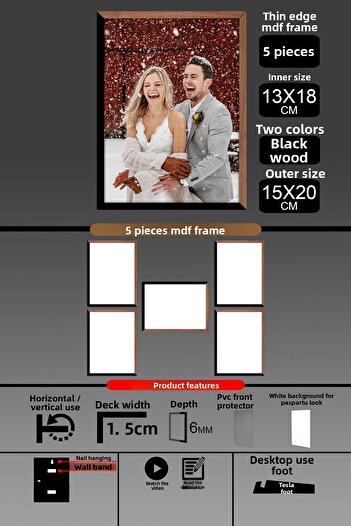bymat 5Pcs 13X18 Frame - Thin Slatted Frame - 2 Colors Wood Black - 6mm Frame Photo Frame