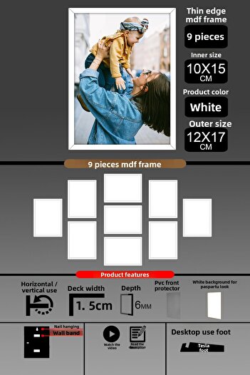 Bytwo 9 Pieces 10X15 Frame - Fine Slatted Frame - White Frame - 6mm Frame - Photo Frame