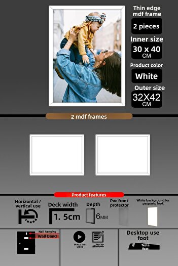 Bytwo 2 Pieces 30X40 Frame - Thin Slatted A3 Frame - White Frame - 6mm - Photo Frame