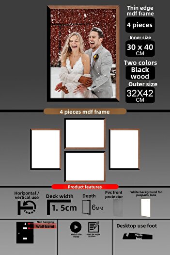 bymat 4 Pieces 30X40 Frame - Thin Slatted A3 Frame - 2 Colors Wood Black - 6mm Photo Frame