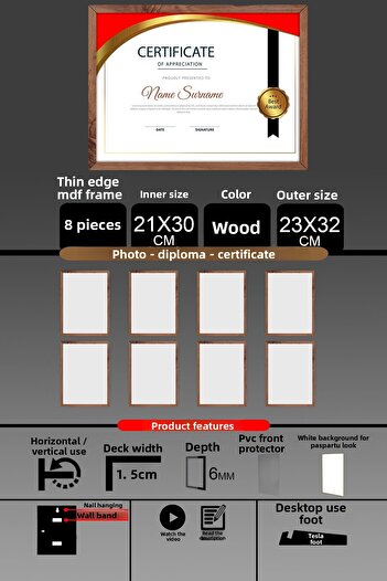 Bytwo 8 Pieces 21X30 Frame - Fine Slatted A4 Frame - Wooden Frame - Photo Certificate Frame