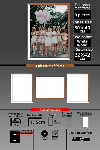 bymat 3 Pieces 30X40 Frame - Thin Slatted A3 Frame - 2 Colors White Wood - 6mm Photo Frame