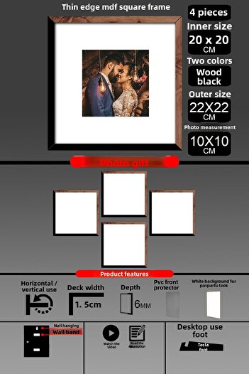 bymat 4 Pieces 20X20 Frame - Thin Slatted Frame - 2 Colors Wood Black - Square Frame Photo Frame