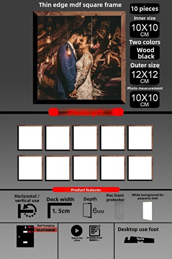 Bytwo 10Pcs 10X10 Frame - Fine Slatted Frame - 2 Colors Wood Black - Square Frame Photo Frame