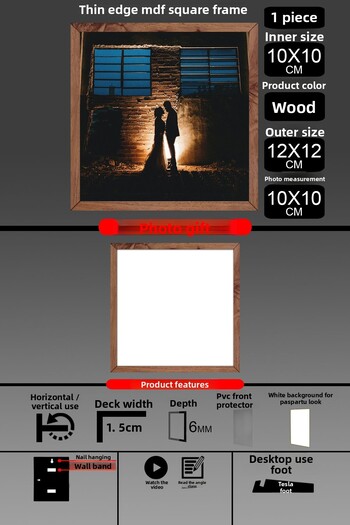Bytwo 1Pcs 10X10 Frame - Fine Slatted Frame - Wooden Frame - Square Frame - Photo Frame