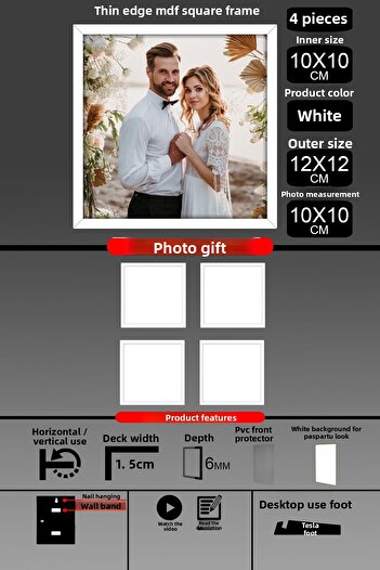 yhfoto 4Pcs 10X10 Frame - Fine Slatted Frame - White Frame - Square Frame - Photo Frame