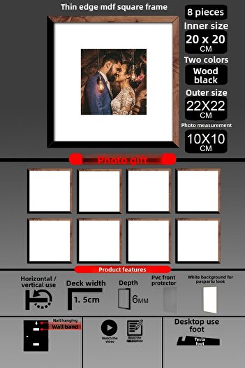 Bytwo 8 Pieces 20X20 Frame - Thin Slatted Frame - 2 Colors Wood Black - Square Frame Photo Frame