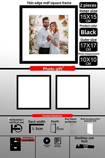 bymat 2 Pieces 15X15 Frame - Thin Slatted Frame - Black Frame - Square Frame - Photo Frame