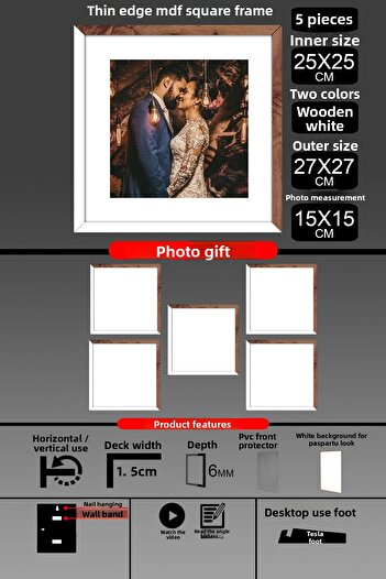 bymat 5 Pieces 25X25 Frame - Thin Slatted Frame - 2 Colors White Wood - Square Frame Photo Frame