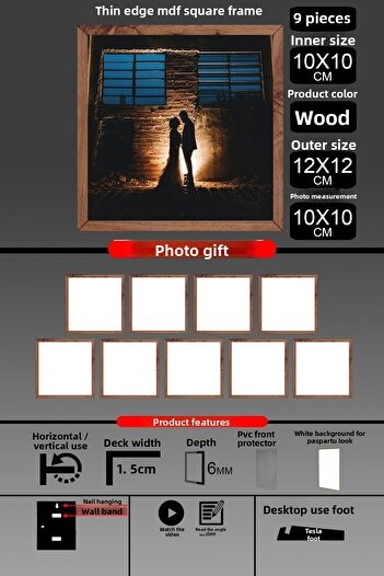 Bytwo 9Pcs 10X10 Frame - Fine Slatted Frame - Wooden Frame - Square Frame - Photo Frame