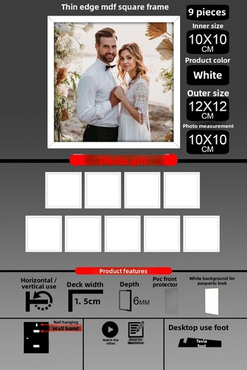 bymat 9Pcs 10X10 Frame - Fine Slatted Frame - White Frame - Square Frame - Photo Frame