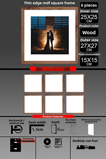 yhfoto 6 Pieces 25X25 Frame - Thin Slatted Frame - Wooden Frame - Square Frame - Photo Frame