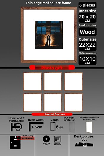 bymat 6 Pieces 20X20 Frame - Thin Slatted Frame - Wooden Frame - Square Frame - Photo Frame