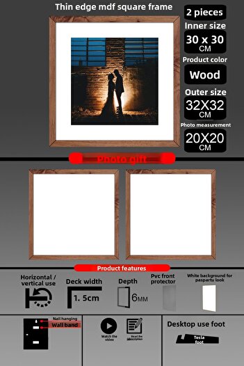 Bytwo 2 Pieces 30X30 Frame - Thin Slatted Frame - Wooden Frame - Square Frame - Photo Frame