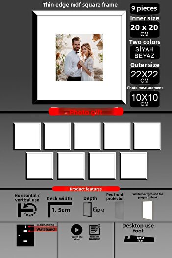 Bytwo 9Pcs 20X20 Frame - Thin Slatted Frame - 2 Colors Black White - Square Frame Photo Frame