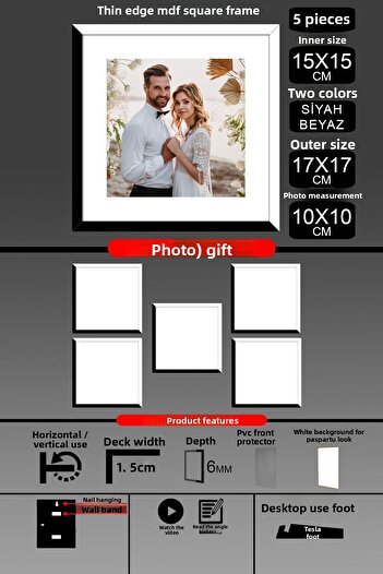 bymat 5Pcs 15X15 Frame - Thin Slatted Frame - 2 Colors Black White - Square Frame Photo Frame