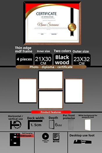 Bytwo 4 Pieces 21X30 Frame - Fine Slatted A4 Frame - 2 Colors Wood Black - Photo Certificate Frame