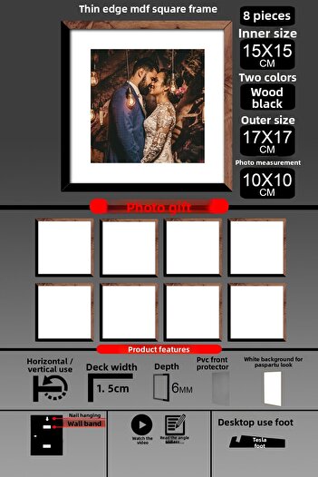 Bytwo 8 Pieces 15X15 Frame - Thin Slatted Frame - 2 Colors Wood Black - Square Frame Photo Frame
