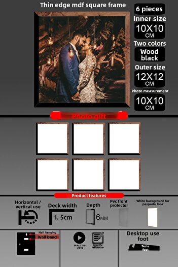 Bytwo 6Pcs 10X10 Frame - Fine Slatted Frame - 2 Colors Wood Black - Square Frame Photo Frame