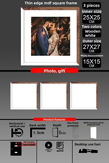 Bytwo 3 Pieces 25X25 Frame - Thin Slatted Frame - 2 Colors White Wood - Square Frame Photo Frame