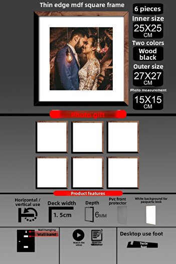 bymat 6 Pieces 25X25 Frame - Thin Slatted Frame - 2 Colors Wood Black - Square Frame Photo Frame
