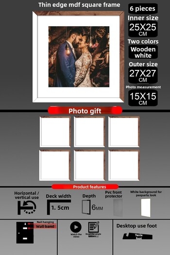 Bytwo 6 Pieces 25X25 Frame - Thin Slatted Frame - 2 Colors White Wood - Square Frame Photo Frame
