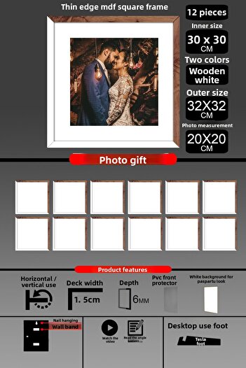 bymat 12 Pieces 30X30 Frame - Thin Slatted Frame - 2 Colors White Wood- Square Frame Photo Frame