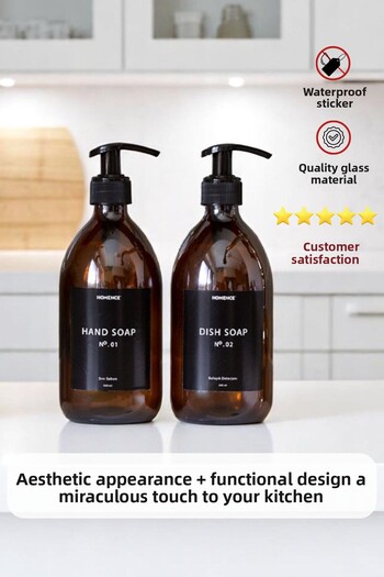 homence Set of 2 Amber Glass Bottles - Liquid Soap, Dishwashing Detergent, Label, Black Soap Dispenser 500ml