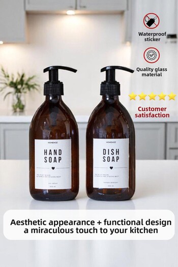 homence Set of 2 Liquid Soap Dishwashing Liquid Amber Glass Bottle with Label White Soap Dispenser 500ml