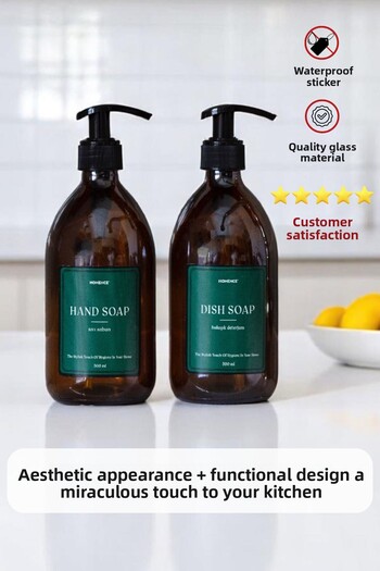 homence Set of 2 Liquid Soap Dishwashing Liquid Amber Glass Bottle with Label Green Soap Dispenser 500ml