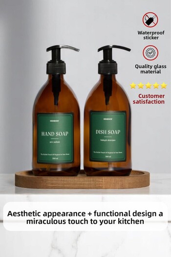 homence Amber Glass Liquid Soap - Pack of 2, Wooden Stand, Green Label, 500ml Dishwashing Detergent