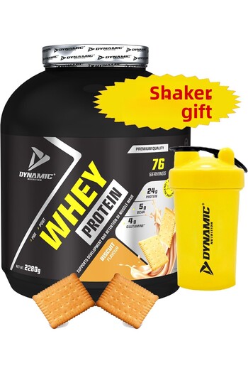 Dynamic Nutrition Whey Protein Powder with Shaker - 2280 g - 76 Servings - Biscuits - with Digestive Enzymes - 24 g High Protein