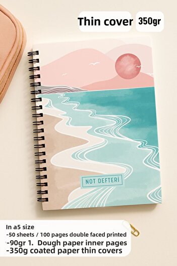 Eldesen Tasarım A5 Spiral Checkered School Notebook, 50 Sheets 100 Pages, Cardboard Cover Notepad, Pink Boholo
