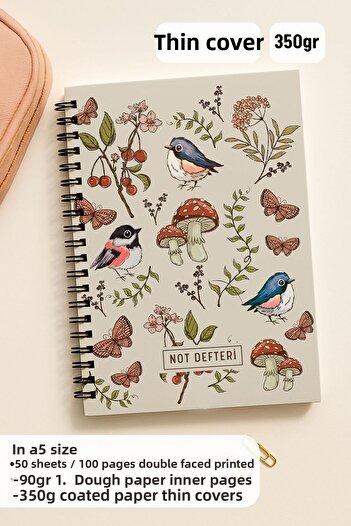 Eldesen Tasarım A5 Spiral Unlined School Notebook, 50 Sheets 100 Pages, Cardboard Cover Notepad, Mushroom