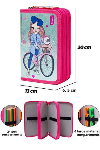 MUCCO Pink Bicycle Girl Patterned Pvc Three Compartment Girl's Organizer Pen Holder Pencil Case -Cp7002
