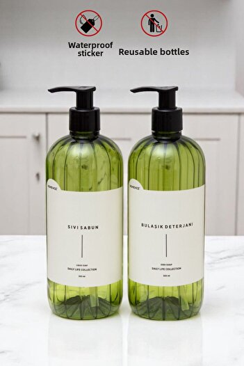homence Set of 2 Dishwashing Liquid and Liquid Soap Plastic Bottle with Label Kitchen Set Green Soap Dispenser 500 ml