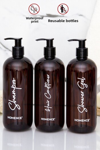 homence Set de baie cu 3 flacoane din plastic imprimat pentru șampon, gel de duș și balsam, dozator de săpun chihlimbari 500 ml