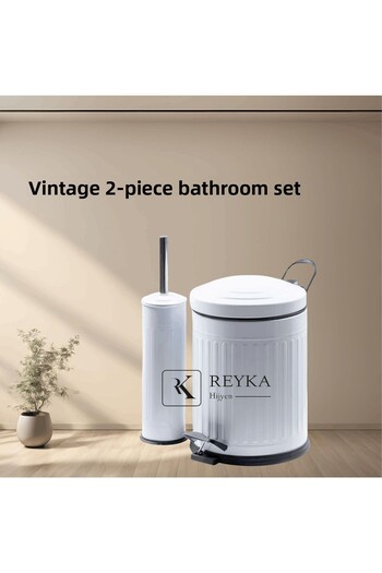 REYKA HİJYEN 5 Liter Pedal Vitange Striped Pattern White Color, Metal Trash Can+Brush 2-Piece Bathroom Set