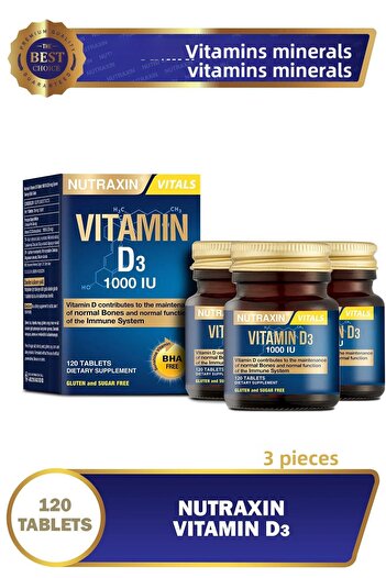 Nutraxin Vitals Vitamin D3 1000Uı(25Mcg) Containing Food Supplement 120 Tablets 3 Pieces