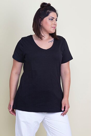 Şans Women's Large Size Black Cotton Fabric V-Neck Blouse 65n17529