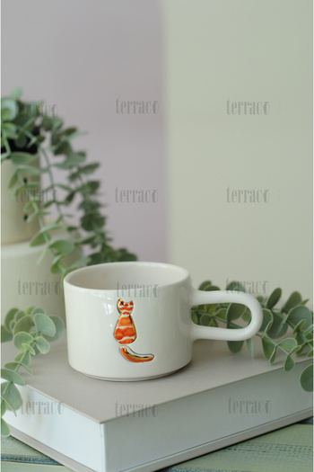 terraco ceramic Handmade Ceramic Mug Bidirectional Cat Pattern with Gold Detail