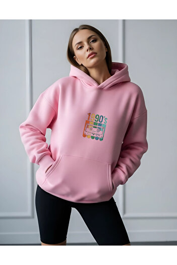 Bheka Concept 1990's Design Printed Pink Oversize Unisex Hooded Sweatshirt Hoodie