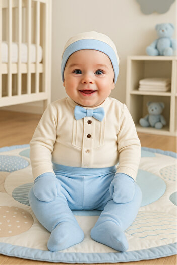 Bamoola for Babies Organik Erkek Bebek Papyon Desenli 5'li Tulum Hastane Çıkışı Yenidoğan Kıyafet Mama Önlüğü