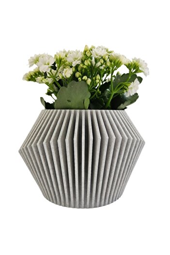 OEM Geometric Pot with Folds, Plastic, 3D Printed, Marble Effect, Marble Gray, 12 cm