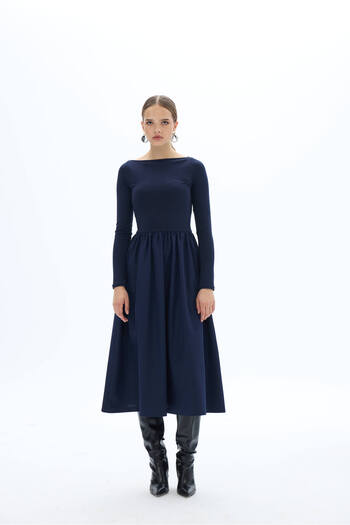 SevdeUgur Women's Maxi Length Stretchy Knitted Top with Poplin Skirt Long Sleeve Stylish Navy Blue Dress / Sevde Ugur