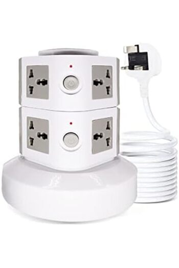 PADOM شريط طاقة عمودي عالمي، متعدد المنافذ (110 فولت - 250 فولت) مع منفذي USB، شاحن كهربائي
