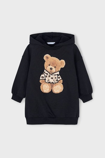 MAYORAL Kız Çocuk Ayı Baskılı Kapüşonlu Sweatshirt Elbise - Siyah